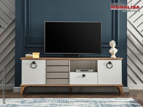 Comoda TV Living Modern finisaj alb si lemn Design Scandinav Lavin