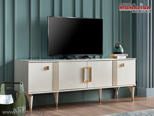 Comoda TV alba cu Detalii Auriu Design Modern pentru Living Perissa Gold PRS